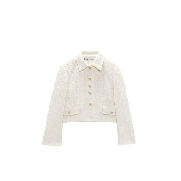 Zara Tweed Button Accent Collared Long Sleeve Cropped Blazer Jacket Ecrue Size M - Picture 3 of 7